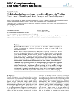 Medicinal and Ethnoveterinary Remedies of Hunters in Trinidad Cheryl Lans*1, Tisha Harper2, Karla Georges2 and Elmo Bridgewater2