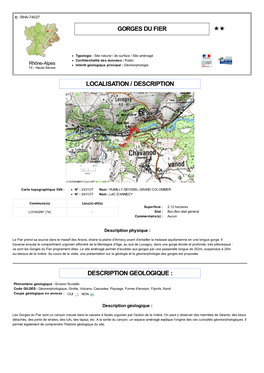 Localisation / Description Description Geologique : Gorges Du Fier