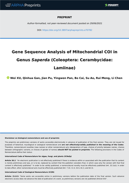 Gene Sequence Analysis of Mitochondrial COI in Genus Saperda (Coleoptera:Cerambycidae:Lamiinae)