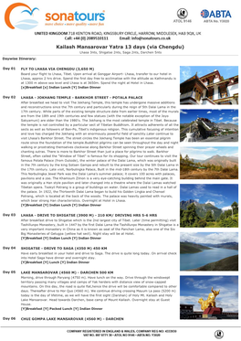 Kailash Mansarovar Yatra 13 Days (Via Chengdu) Lhasa 3Nts, Shigatse 2Nts, Saga 2Nts, Darchen 5Nts Daywise Itinerary