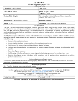 City of New York DEPARTMENT of CORRECTION Job Posting Notice