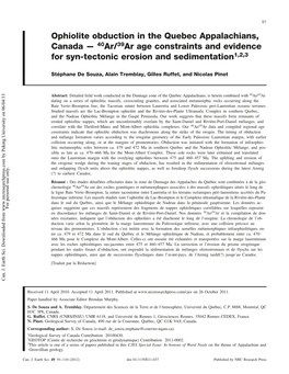 Ophiolite Obduction in the Quebec Appalachians, Canada — 40Ar/39Ar Age Constraints and Evidence for Syn-Tectonic Erosion and Sedimentation1,2,3