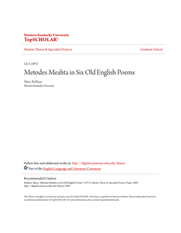 Metodes Meahta in Six Old English Poems Mary Relihan Western Kentucky University