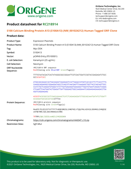 S100 Calcium Binding Protein A13 (S100A13) (NM 001024212) Human Tagged ORF Clone Product Data