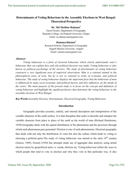 Determinants of Voting Behaviour in the Assembly Elections in West Bengal: Theoretical Perspective