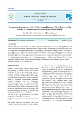Ectoparasites Detected on a Red Fox (Vulpes Vulpes Linnaeus, 1758) in Turkey and the First Case of Hippobosca Longipennis (Diptera: Hippoboscidae)