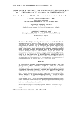 Intra-Regional Transportation of a Tugboat Fouling Community Between the Ports of Recife and Natal, Northeast Brazil*