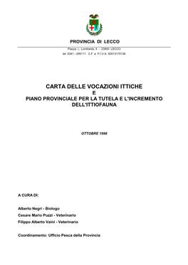 Carta Delle Vocazioni Ittiche E Piano Provinciale Per La Tutela E L'incremento Dell'ittiofauna