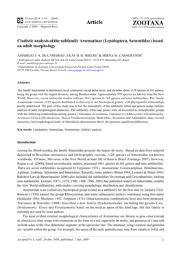 Zootaxa, Cladistic Analysis of the Subfamily Arsenurinae (Lepidoptera