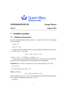 MTHM024/MTH714U Group Theory 7 Semidirect Product