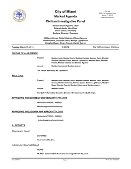 Marked Agenda Civilian Investigative Panel Horacio Stuart Aguirre, Chair Rolando Aedo, Vice-Chair Grace Casas, Secretary Barbara Gimenez, Treasurer