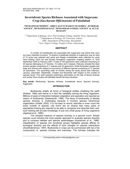 Invertebrate Species Richness Associated with Sugarcane Crop (Saccharum Officinarum) of Faisalabad