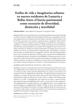 Estilos De Vida E Imaginarios Urbanos En Nuevos Residentes De Lastarria Y Bellas Artes: El Barrio Patrimonial Como Escenario De Diversidad, Distinción Y Movilidad