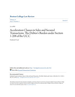 Acceleration Clauses in Sales and Secured Transactions: the Debtor's Burden Under Section 1-208 of the U.C.C, 11 B.C.L