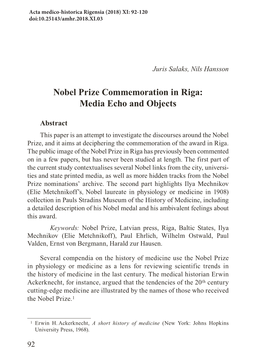 Nobel Prize Commemoration in Riga: Media Echo and Objects