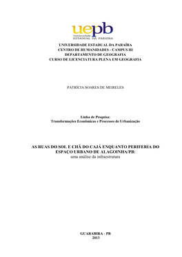 AS RUAS DO SOL E CHÃ DO CAJÁ ENQUANTO PERIFERIA DO ESPAÇO URBANO DE ALAGOINHA/PB: Uma Análise Da Infraestrutura