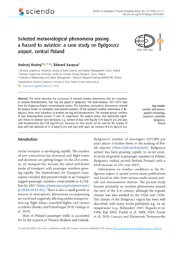 Selected Meteorological Phenomena Posing a Hazard to Aviation: a Case Study on Bydgoszcz Airport, Central Poland ISSN 2080-7686