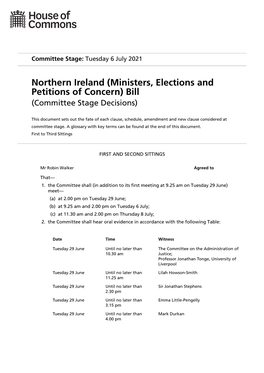 Northern Ireland (Ministers, Elections and Petitions of Concern) Bill (Committee Stage Decisions)