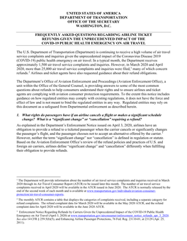 Frequently Asked Questions Regarding Airline Ticket Refunds Given the Unprecedented Impact of the Covid-19 Public Health Emergency on Air Travel