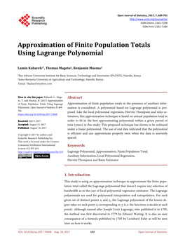 Approximation of Finite Population Totals Using Lagrange Polynomial