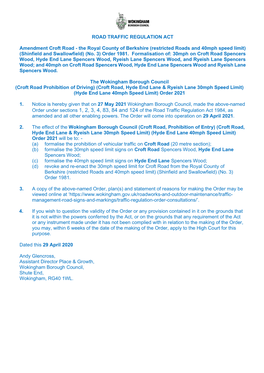 Restricted Roads and 40Mph Speed Limit) (Shinfield and Swallowfield) (No