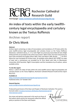 Rochester Cathedral Research Guild an Index of Texts