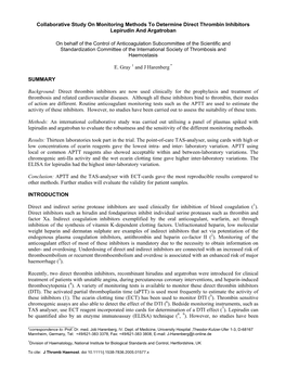 Collaborative Study on Monitoring Methods to Determine Direct Thrombin Inhibitors Lepirudin and Argatroban