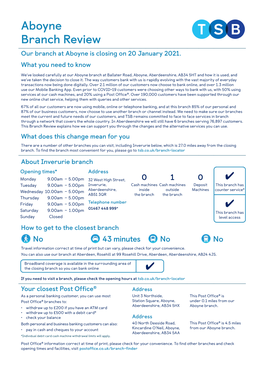 Aboyne Branch Review Our Branch at Aboyne Is Closing on 20 January 2021