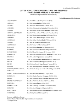 PERMANENT REPRESENTATIVES and OBSERVERS to the UNITED NATIONS in NEW YORK (With Date of Presentation of Credentials)