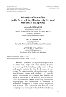 Diversity of Butterflies in the Selected Key Biodiversity Areas of Mindanao, Philippines