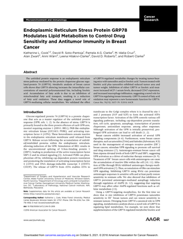 Endoplasmic Reticulum Stress Protein GRP78 Modulates Lipid Metabolism to Control Drug Sensitivity and Antitumor Immunity in Breast Cancer Katherine L