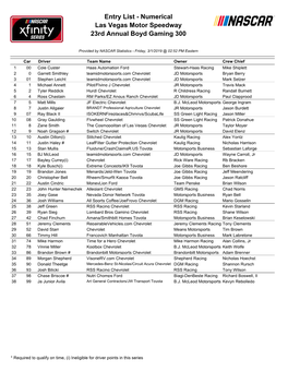 Entry List - Numerical Las Vegas Motor Speedway 23Rd Annual Boyd Gaming 300