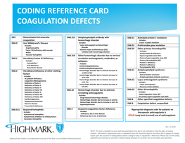 Coding Reference Card Coagulation Defects