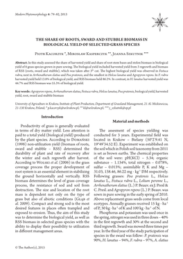 The Share of Roots, Sward and Stubble Biomass in Biological Yield of Selected Grass Species