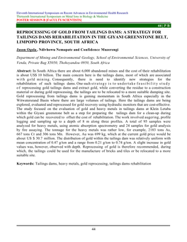 Reprocessing of Gold from Tailings Dams: a Strategy for Tailings Dams Rehabilitation in the Giyani Greenstone Belt, Limpopo Province, South Africa