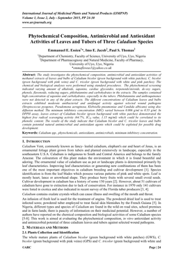 Phytochemical Composition, Antimicrobial and Antioxidant Activities of Leaves and Tubers of Three Caladium Species