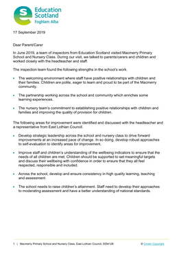 Macmerry Primary School and Nursery Class Inspection Report, East Lothian Council 17/09/19