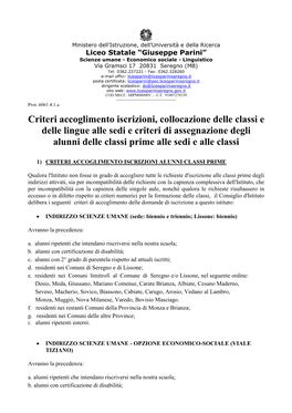 Criteri Accoglimento Iscrizioni, Collocazione Delle Classi E Delle Lingue Alle Sedi E Criteri Di Assegnazione Degli Alunni Delle Classi Prime Alle Sedi E Alle Classi