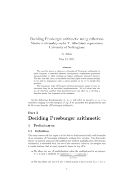 Deciding Presburger Arithmetic Using Reﬂection Master’S Internship Under T