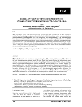 DETERMINTAION of SINTERING MECHANISM and GRAIN GROWTH KINETICS of Mgo-DOPED Al2o3