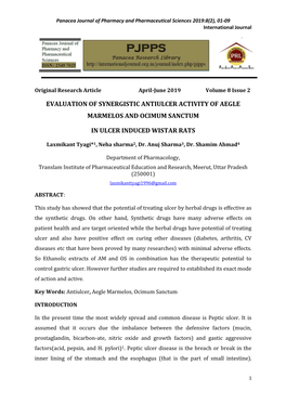 Evaluation of Synergistic Antiulcer Activity of Aegle Marmelos and Ocimum Sanctum