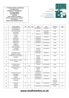 All from Local Lincolnshire Breeders and Producers ORDER of SALE DRAWN by BALLOT