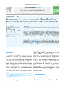 Epidemic Status of Angiostrongylus Cantonensis in Hainan Island, China Ximin Hu﹡, Jianwei Du﹡, Chongjin Tong, Shanqing Wang, Jian Liu, Yuchun Li, Changhua He