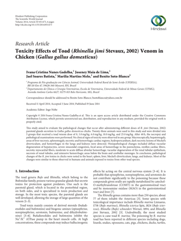 Research Article Toxicity Effects of Toad (Rhinella Jimi Stevaux, 2002) Venom in Chicken (Gallus Gallus Domesticus)