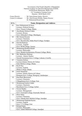 Name, Designation and Address 01 Kazi Mohammad Al-Noor Lecturer, Political Science Govt