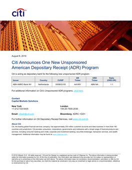 Citi Announces One New Unsponsored American Depositary Receipt (ADR) Program