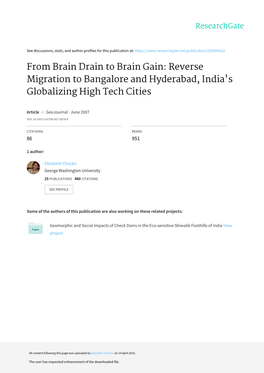 From Brain Drain to Brain Gain: Reverse Migration to Bangalore and Hyderabad, India's Globalizing High Tech Cities