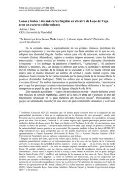 Locos Y Bobos : Dos Máscaras Fingidas En Elteatro De Lope De Vega (Con Un Excurso Calderoniano) Adrián J