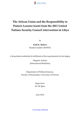The African Union and the Responsibility to Protect: Lessons Learnt from the 2011 United Nations Security Council Intervention in Libya