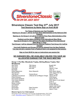 Silverstone Classic Test Day 27Th July 2017 Test Sessions by Name Sign on from 08.00